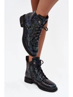 Lakierowane Botki Damskie Z Naturalnej Skóry D&A LZ52-962 Granatowe