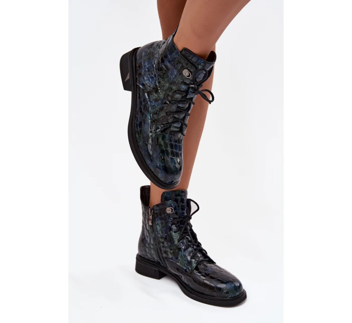 Lakierowane Botki Damskie Z Naturalnej Skóry D&A LZ52-962 Granatowe