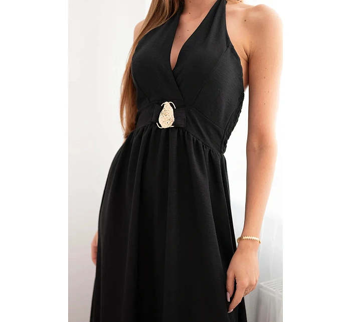 Dámske viskózové maxi šaty viazané za krkom s ozdobnou prackou čierne Dámske viskózové maxi šaty viazané za krkom s ozdobnou prackou čierne