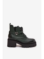 Skórzane Botki Damskie Na Klocku Z Ozdobnym Paskiem Ocieplane Zazoo 60557 Ciemnozielone