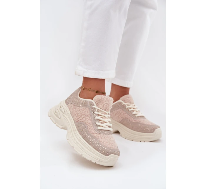 Sneakersy Damskie Z Cyrkoniami I Futerkiem Typu Baranek Jasnobeżowe Zarika Sneakersy Damskie Z Cyrkoniami I Futerkiem Typu Baranek Jasnobeżowe Zarika