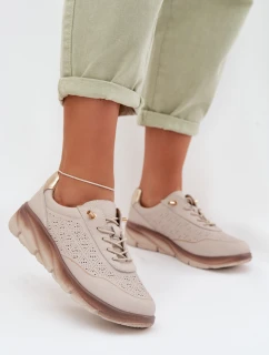 Kožené semišové dámské tenisky s otvory model 22026508 světle hnědé - SERGIO LEONE