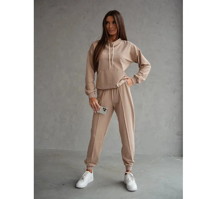 Béžová dámska tepláková súprava - mikina so stojačikom a nohavice (82162)
