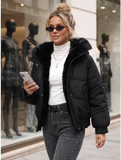 Dámská zimní prošívaná bunda s kožešinou, černá, FashionStreet TY6007 Dámská zimní prošívaná bunda s kožešinou, černá, FashionStreet TY6007