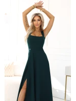 dlouhé šaty s rozparkem na nohou a výstřihem typu  lahvově zelené model 21479060 - numoco