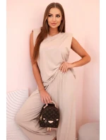 Dámska súprava z viskózy bez rukávov s rovnými nohavicami tmavobéžová