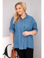 Dámske lyocelové tričko s predĺženým chrbtom a gombíkovými rukávmi Denim