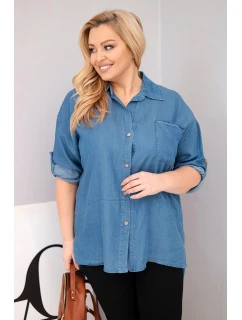 Dámske lyocelové tričko s predĺženým chrbtom a gombíkovými rukávmi Denim