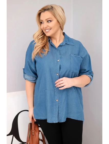 Dámske lyocelové tričko s predĺženým chrbtom a gombíkovými rukávmi Denim