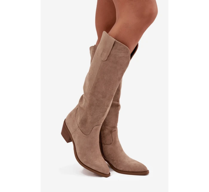 Kozaki Kowbojki Damskie Na Obcasie Z Eko Zamszu Beżowe Esmira