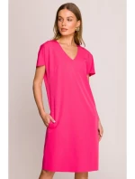 model 20966038 Šaty uvolněného střihu s výstřihem do V růžové - STYLOVE