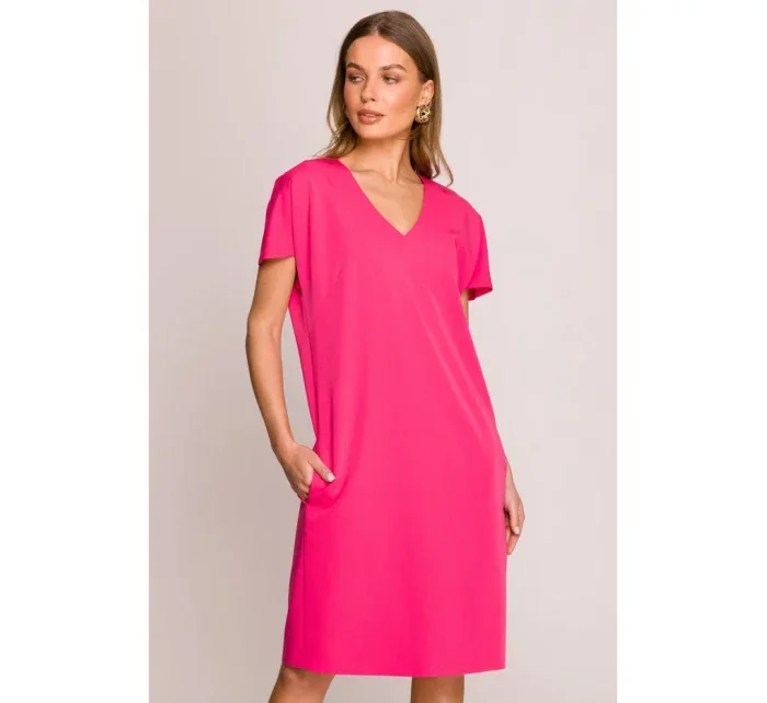 model 20966038 Šaty uvolněného střihu s výstřihem do V růžové - STYLOVE