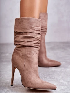 Damskie Marszczone Botki Kozaki Brązowe Laguna