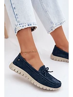 Dámské mokasíny z přírodního semiše s mašlí model 22107539 tmavě modré - VINCEZA Dámské mokasíny z přírodního semiše s mašlí model 22107539 tmavě modré - VINCEZA