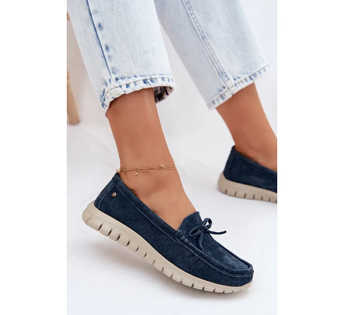 Dámské mokasíny z přírodního semiše s mašlí model 22107539 tmavě modré - VINCEZA Dámské mokasíny z přírodního semiše s mašlí model 22107539 tmavě modré - VINCEZA