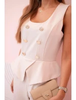 Dámská kombinéza bez rukávů s širokými nohavicemi a ozdobnými knoflíky béžový