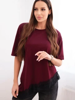 Dámska asymetrická bavlnená blúzka s čipkovanou spodnou časťou bordová