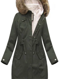 Dámska zimná bunda parka v army farbe s odnímateľnou podšívkou a kapucňou (7626)