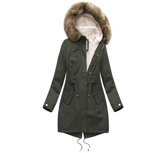 Dámská zimní bunda parka v army barvě s kapucí a odepínací kožešinovou podšívkou model 21242121 - Libland