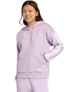 Dámska fleecová mikina adidas Essentials 3-Stripes s kapucňou a zipsom fialová JY3080