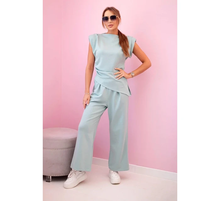 Komplet asymetrická halenka + kalhoty tmavá máta