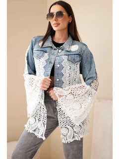 Dámská džínová bunda z bavlny a květinovou krajkou tmavě džínová