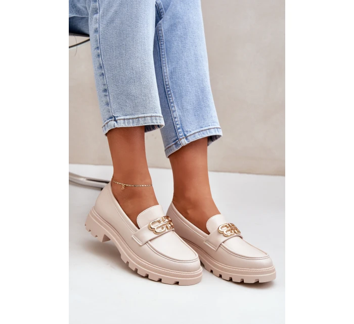 Mokasyny Damskie Ze Złotym Detalem Beżowe Trionna