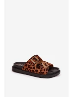 Klapki Damskie W Panterkę Na Platformie Z Klamrami Brązowe Simbes