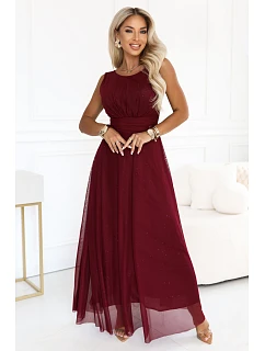 dlouhé maxi šaty s tylem a kulatým výstřihem – vínová model 22278796 - numoco basic