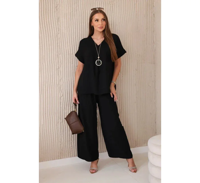 Komplet s náhrdelníkem halenka + kalhoty černý