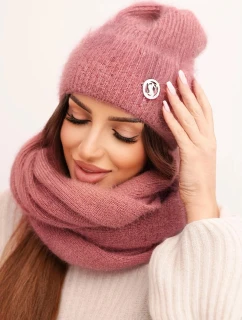Dámská souprava s čepicí a šálou z měkké pleteniny tmavě pudrově růžová