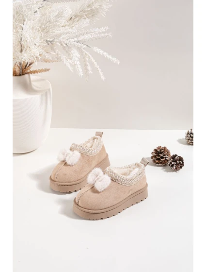 Detské snehové topánky s výšivkou a mašľou Daven - béžové Detské snehové topánky s výšivkou a mašľou Daven - béžové
