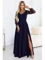 LORETTA dlouhé šaty s rukávy a výstřihem tmavě modré model 21941595 - numoco