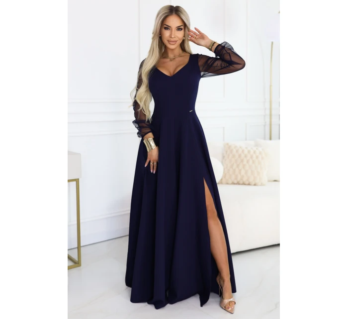 LORETTA dlouhé šaty s rukávy a výstřihem tmavě modré model 21941595 - numoco