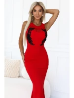 617-3 Dlhé šaty s čiernou čipkou a sieťovinou - ČERVENÉ