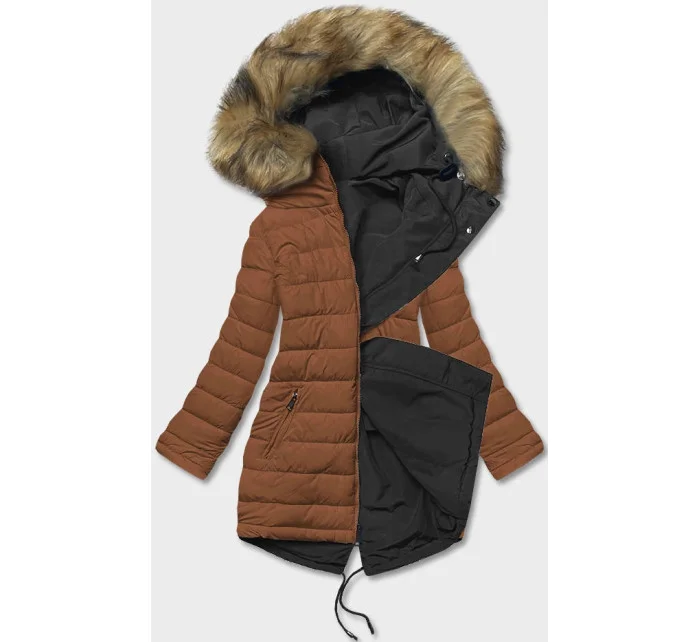 Čierno-karamelová obojstranná dámska zimná bunda (2M-21508)
