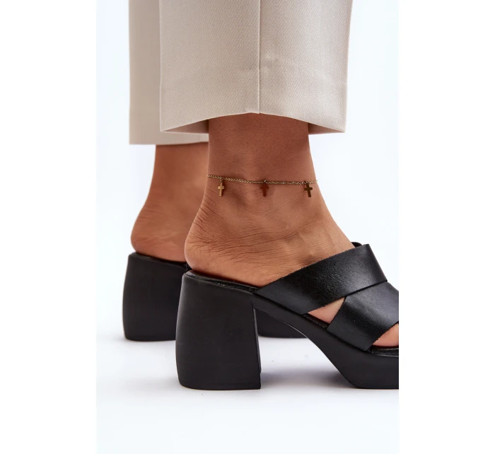 Zazoo 40373 Skórzane Klapki Na Klocku Czarne