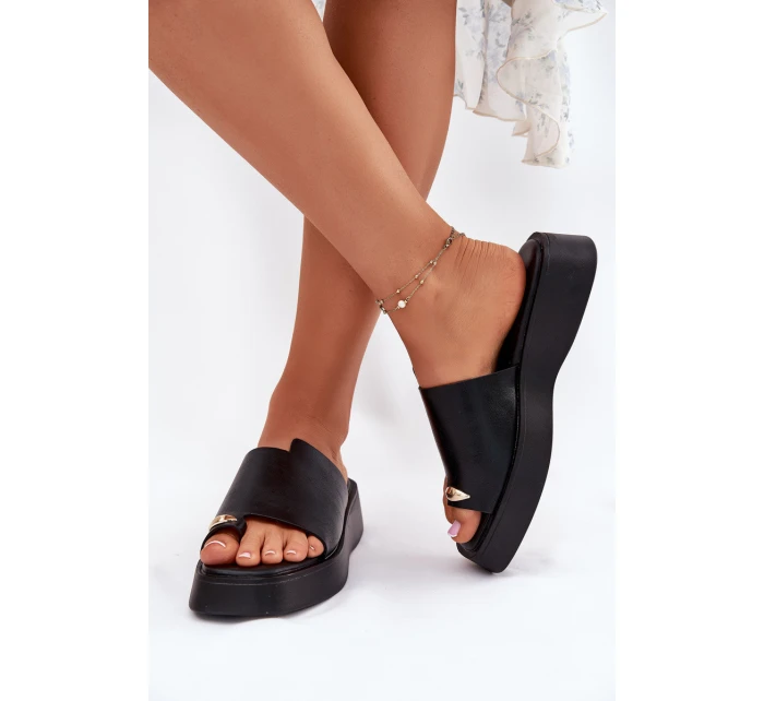 Klapki Damskie Na Platformie Z Ozdobnym Detalem Czarne Linosea