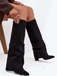 Dámske zateplené čižmy s vyhrnutou špičkou na stĺpikovom podpätku Elivira - čierne