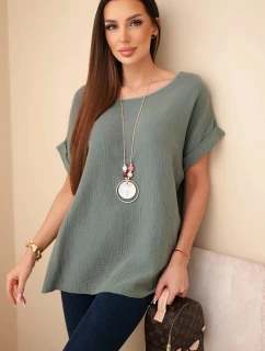 Hodvábna blúzka s náhrdelníkom tmavá khaki