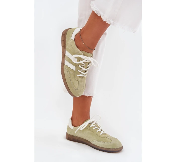 Niskie Skórzane Sneakersy Damskie Limonkowe Ismina