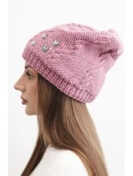 Dámska zimná vlnená čiapka s ozdobnými aplikáciami K468 tmavoružová