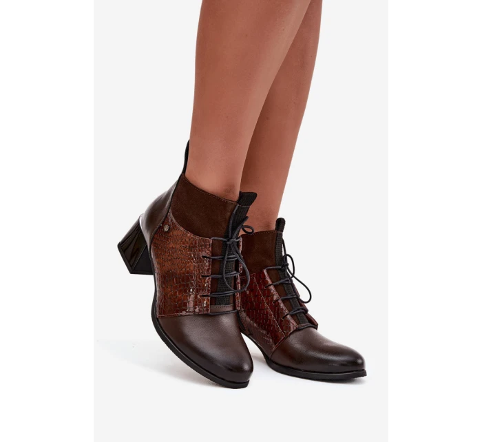 Zazoo 60503 Skórzane Botki Na Obcasie Ocieplane Czekoladowe
