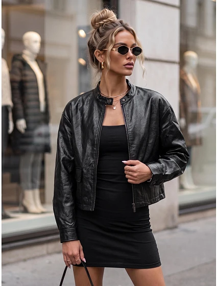 Dámska kožená bunda v štýle Ramones, čierna, FashionStreet TY5849 Dámska kožená bunda v štýle Ramones, čierna, FashionStreet TY5849