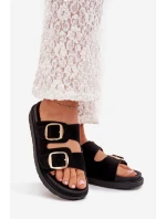 Dámske papuče na platforme so zlatými prackami - čierne