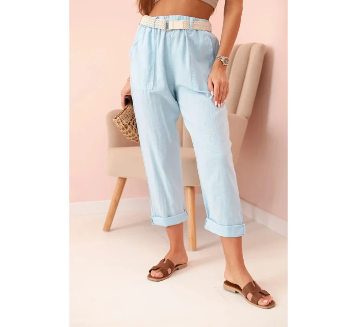 Dámské model 21219999 kalhoty s bavlnou a páskem modré - K-Fashion