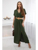 Dlhé šaty s ozdobným opaskom v khaki farbe Dlhé šaty s ozdobným opaskom v khaki farbe