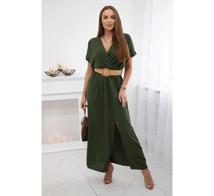 Dlhé šaty s ozdobným opaskom v khaki farbe Dlhé šaty s ozdobným opaskom v khaki farbe
