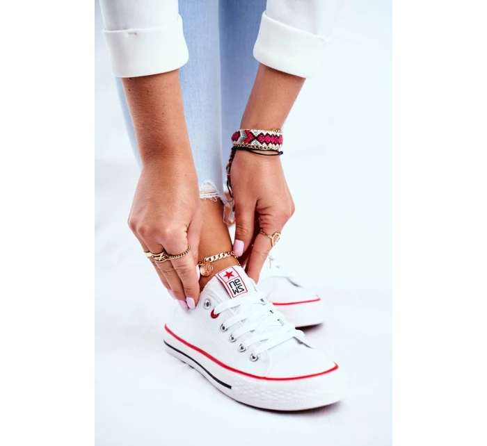 Damskie Klasyczne Trampki Białe Z Czerwoną Lamówką Ecoma Damskie Klasyczne Trampki Białe Z Czerwoną Lamówką Ecoma