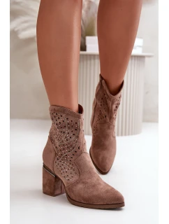 Zdobione Ażurowe Botki Damskie Na Słupku Z Eko Zamszu Brązowe S.Barski HY42-029